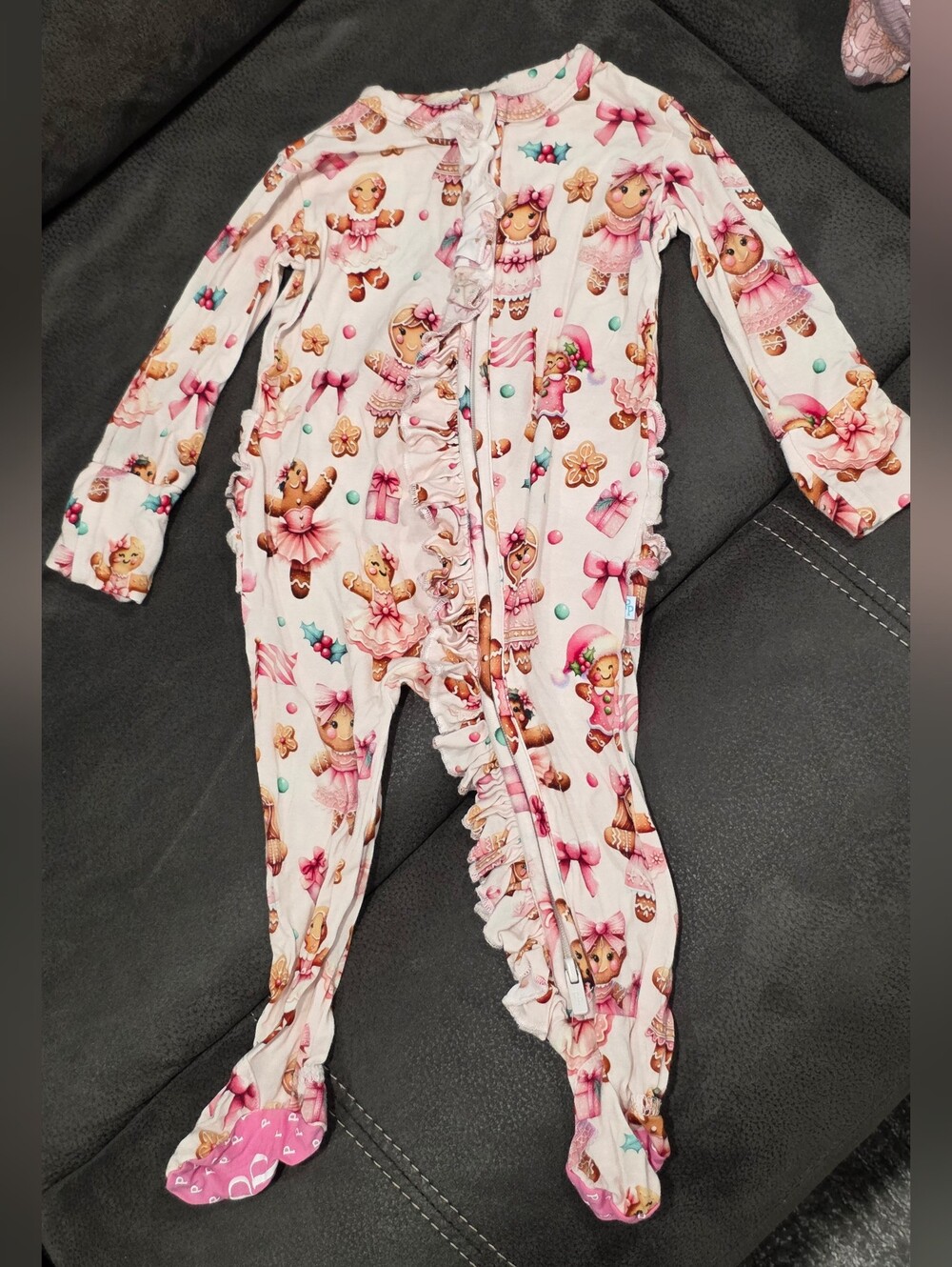 Girls Pink Gingerbread Print Ruffle One-Piece Pajamas